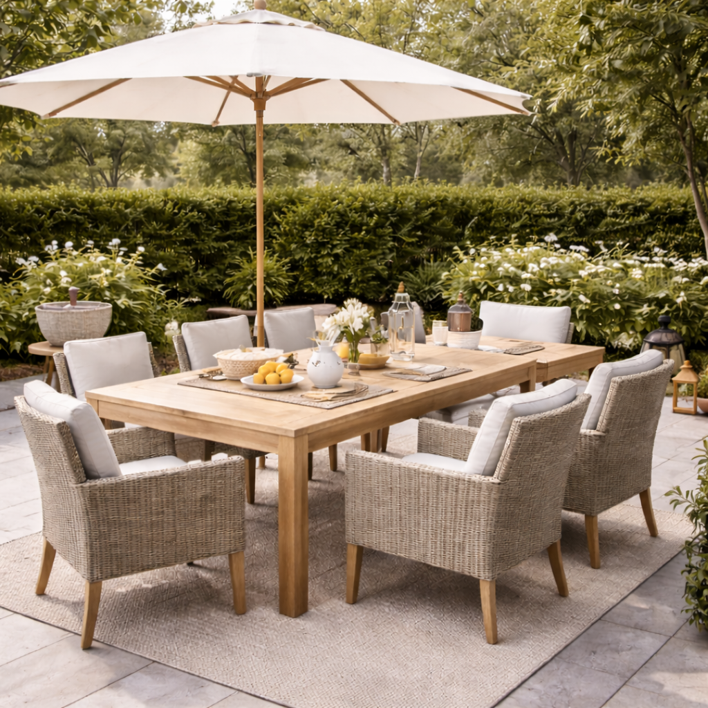 vanjska blagovaonica s hydrangeama